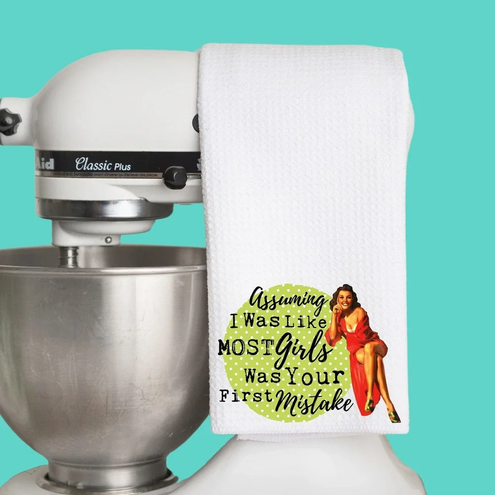 Retro Pinup Girl Waffle Weave Kitchen Towel Sassy Sarcastic Quote White 16x24